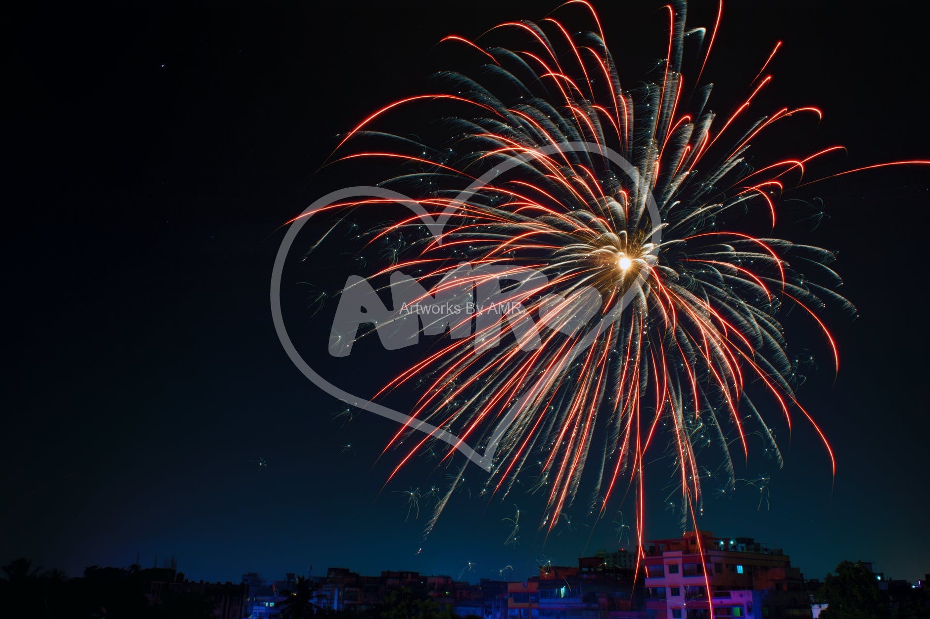 fireworks display over building